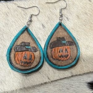 Cowboy Pumpkin Halloween Leather Earrings Handmade
